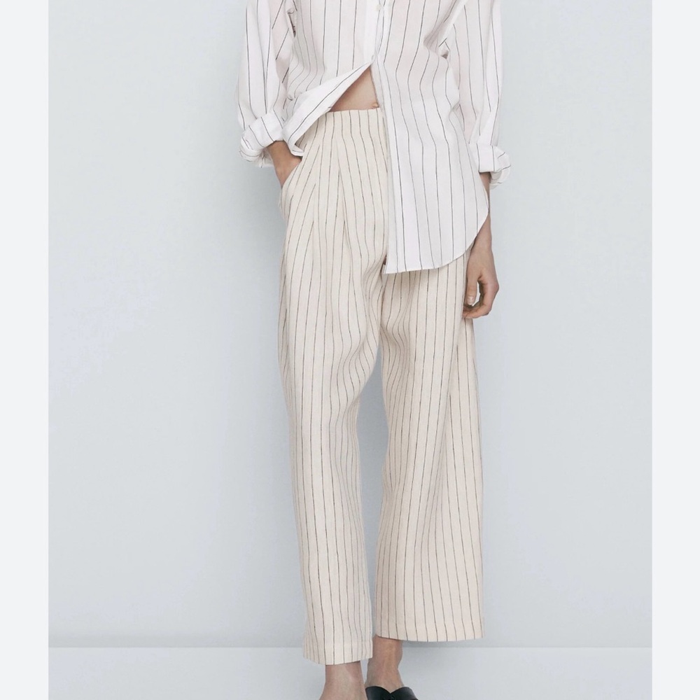Massimo Dutti off white Striped Wide-Leg Pants